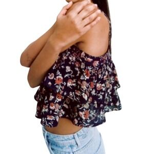 Zara Floral Crop Top Navy Blue Boho Spaghetti Straps Tiered Ruffles Women's M